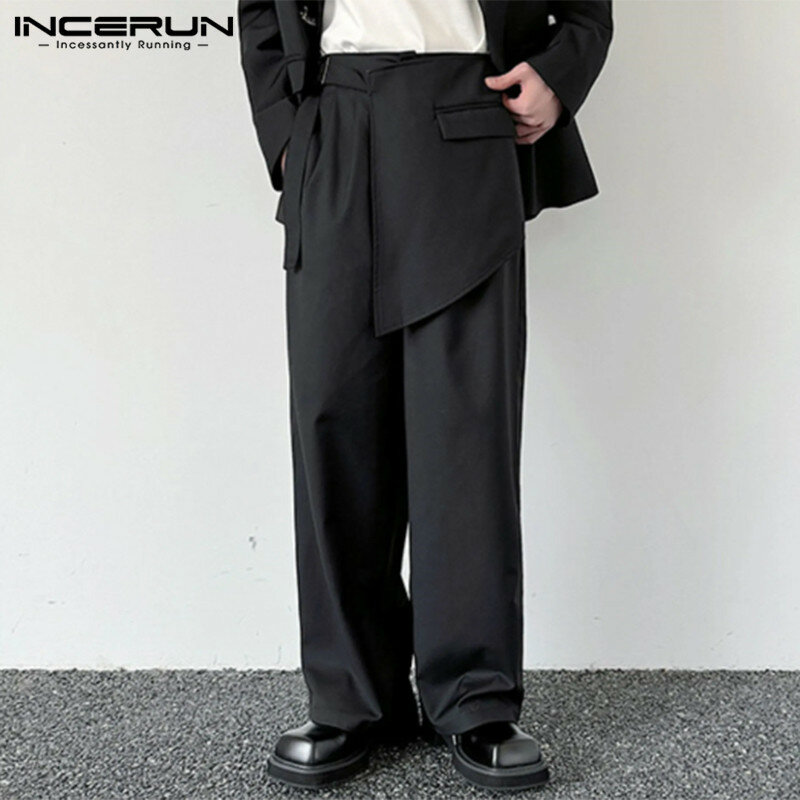 INCERUN 2024 Korean Style Trousers Men's Fashion Solid Irregular Design Pantalons Leisure Streetwear All-match Long Pants S-5XL