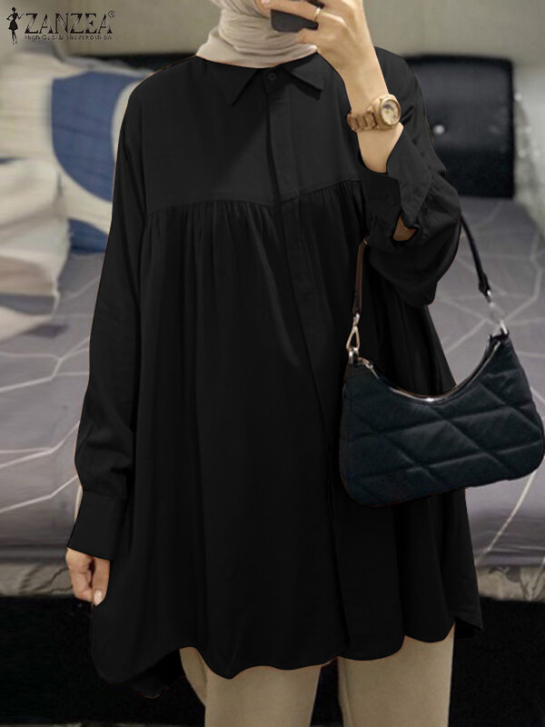 Элегантная женская рубашка с отложным воротником и длинным рукавом, осенняя блузка 2023 ZANZEA, модная однотонная мусульманская одежда, повседневный хиджаб, топы