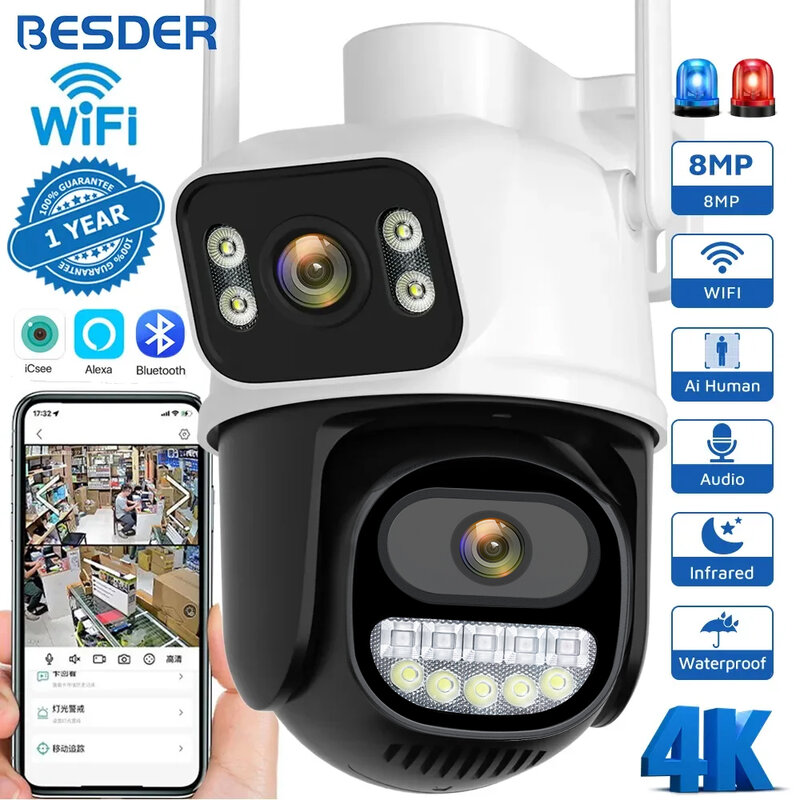 BESDER-CCTV監視カメラ、ナイトビジョン、デュアルスクリーン、人間の検出、セキュリティ保護、wifi、ptz、ip、8MP、4MP