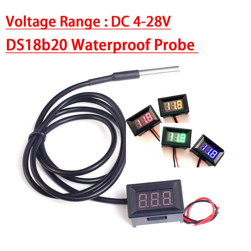 Termometer LED Digital DC 12V 24V, DS18b20, Monitor pengukur suhu-55 ~ + 125 derajat Celcius untuk mobil/Air/udara/dalam ruangan/luar ruangan