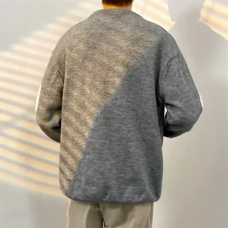 Suéter de malha grande masculino, design estilo coreano, gola redonda, pulôver casual solto, moda outono, inverno, roupa de malha, 2022