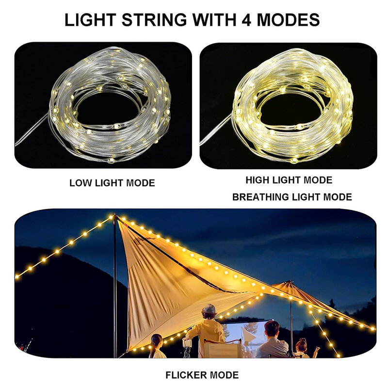 Luci stringa da campeggio 4 in 1 lanterna da esterno impermeabile lanterna da campeggio portatile ricaricabile USB per tenda da esterno escursionismo viaggi
