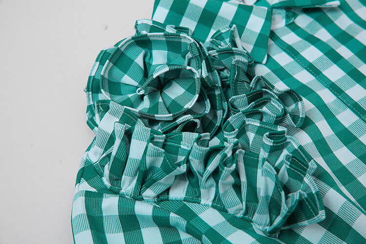 격자 무늬 러플 드레스, 입체 꽃 스타일 거들, 중간 길이 녹색 격자 무늬 셔츠, 피쉬테일, 봄 신상 패션