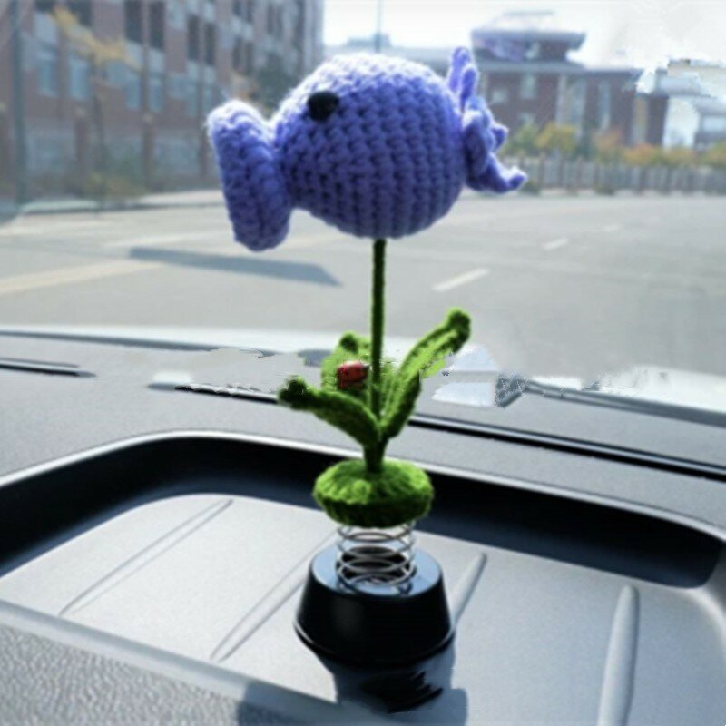 Car Ornament Hand-Woven Sunflower Crochet Flower Decoration Hanging Potted Plant Hand-Woven Peashooter Auto Interior Accessories
