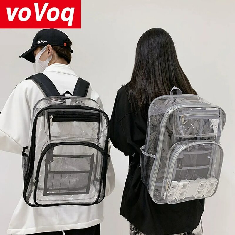 한국어 투명 PVC 배낭 대용량 방수 지퍼 멀티 샌드위치 남성 학교 가방, 캐주얼 여성 여행 가방