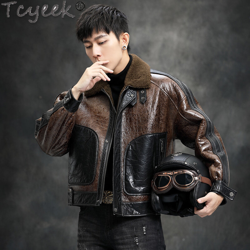 Tcyeek-chaquetas de piel auténtica para hombre, abrigo de piel de oveja Natural cálido, ropa corta de motocicleta, chaqueta de piel Real, moda de invierno, LM