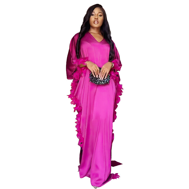 Gaun sutra imitasi wanita elegan gaun Maxi bulu leher-v gaun pesta malam ukuran besar jubah Muslim Abaya Dubai Kaftan Turki