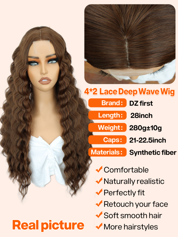 Perucas sintéticas de onda encaracolada profunda para mulheres, peruca mid split hairstyle, peruca marrom sem Franja, peruca 4x2lace, 28"