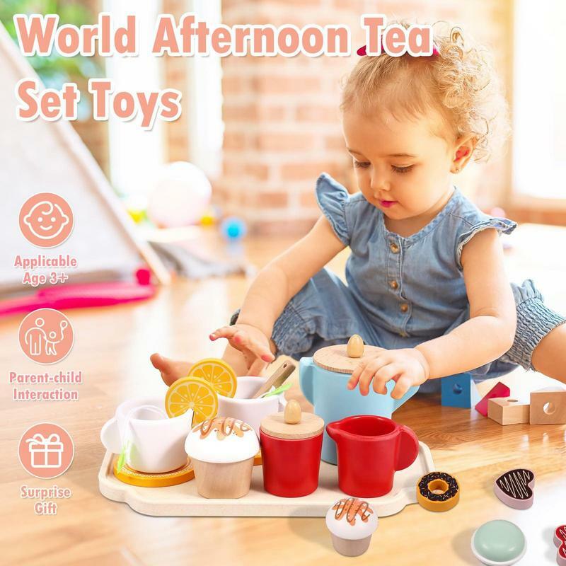子供のための木製の午後お茶セットおもちゃ、シミュレーション遊び、食品学習、ロールプレイゲーム、幼児のための早期教育玩具、男の子と女の子のためのギフト