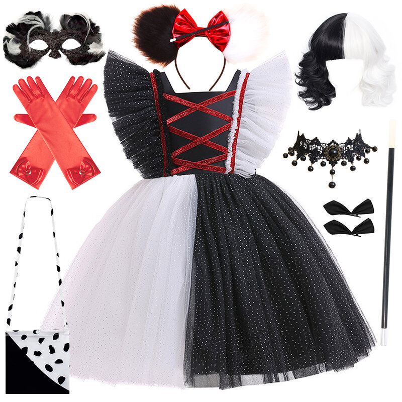 Mädchen Cruella Kleider Cosplay Mode Kostüm Kinder Phantasie Halloween Karneval Maskerade Party Outfit schwarz weiß Tutu Kleid 2-10t