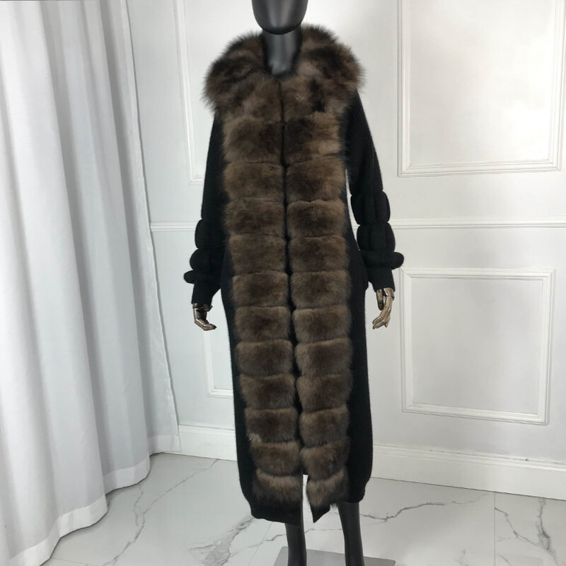 Cashmere Cardigan Sweater Poncho Full Sleeves Womens Fashion Coat With Natural Fox Fur Collar Trim