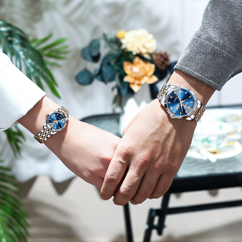 OLEVS jam tangan pasangan wanita, jam tangan kuarsa bercahaya tahan air tali baja tahan karat kualitas hadiah untuk kekasih