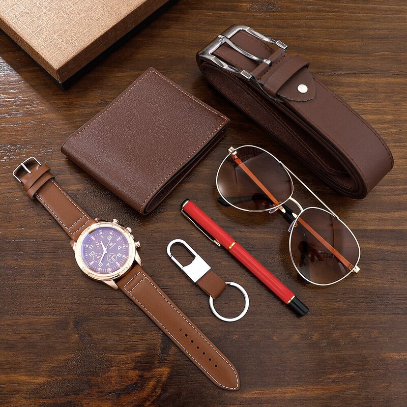 SHAARMS Men Gift Watch Business Luxury Company Mens Set 6 in 1 Watch Glasses Pen Keychain Belt Purse Welcome Holiday Birthday