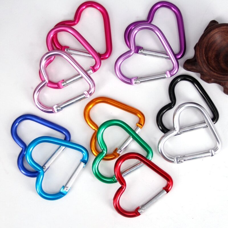 Réinitialisation de mousqueton en forme de coeur en alliage d'aluminium, porte-clés, mousqueton à ressort, clips de sac à dos de camping, mousqueton rapide