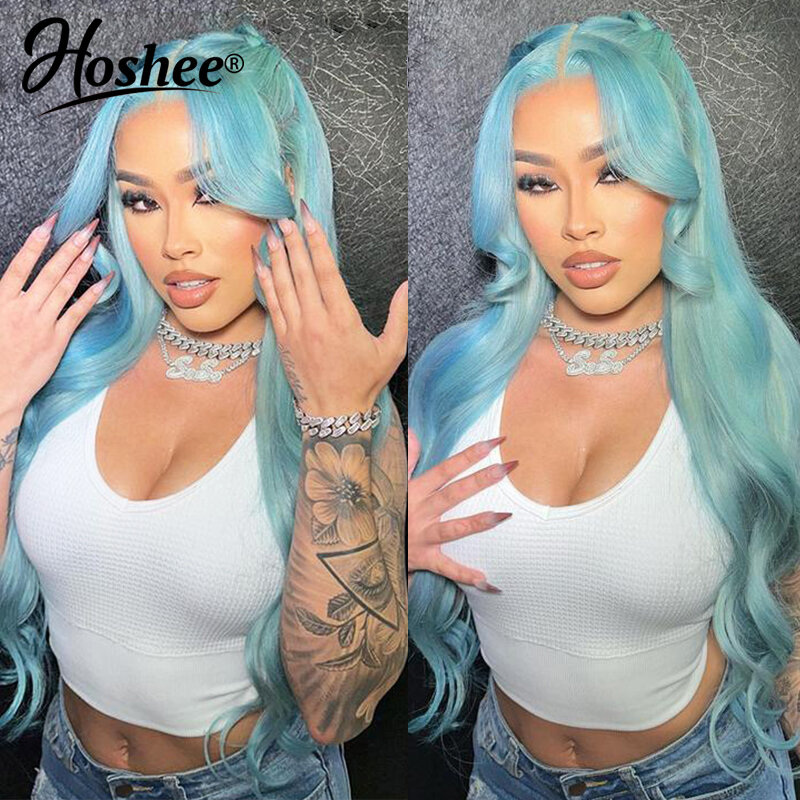 Peluca de cabello humano con encaje Frontal transparente para mujer, pelo Remy brasileño, color azul, onda 13x4 HD, uso de Cosplay, a la venta