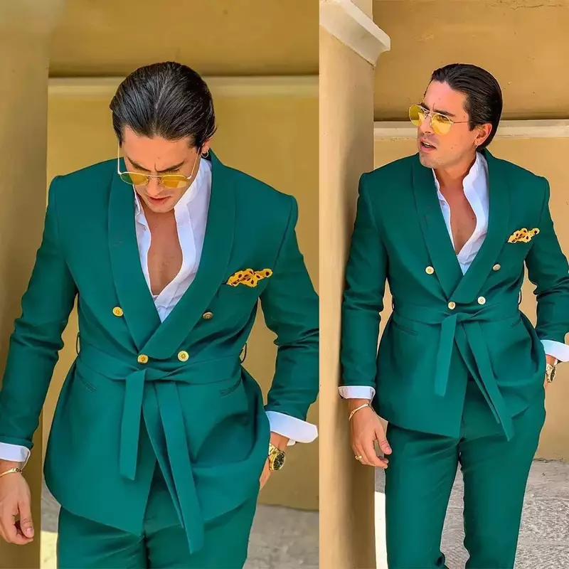 Зеленые мужские костюмы для свадьбы с поясом, двубортная официальная одежда для жениха, мужской костюм (пиджак + брюки)