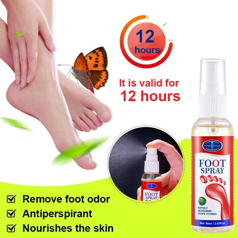 Cuidado com os pés Desodorante Antitranspirante de Longa Duração, Spray Desodorante, Eficaz, Remove o Suor dos Pés, Hidratante, Reparando Perfume, 60ml