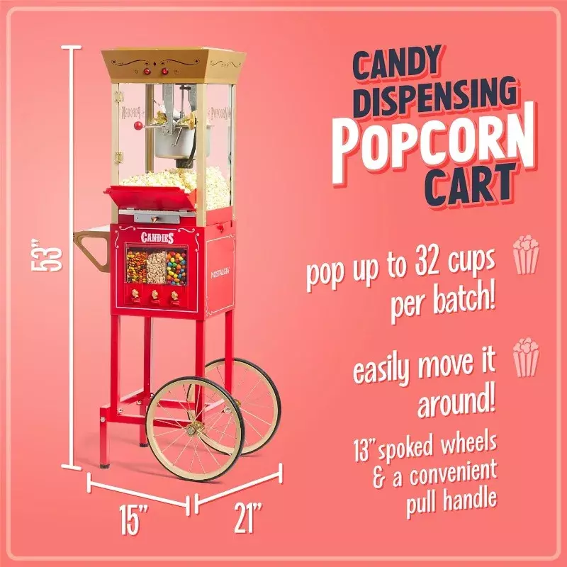 Vintage 8 oz Popcorn Cart, faz até 32 copos, 3 doces de armazenamento e Kernel Dispenser, também para nozes, chocolate, vermelho, nostalgia