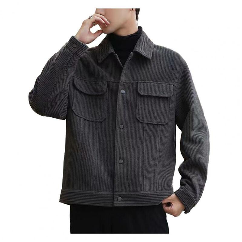 남성용 캐주얼 단색 카디건 재킷, 턴다운 칼라 포켓, 느슨한 따뜻한 두꺼운 작업복, 가을 겨울