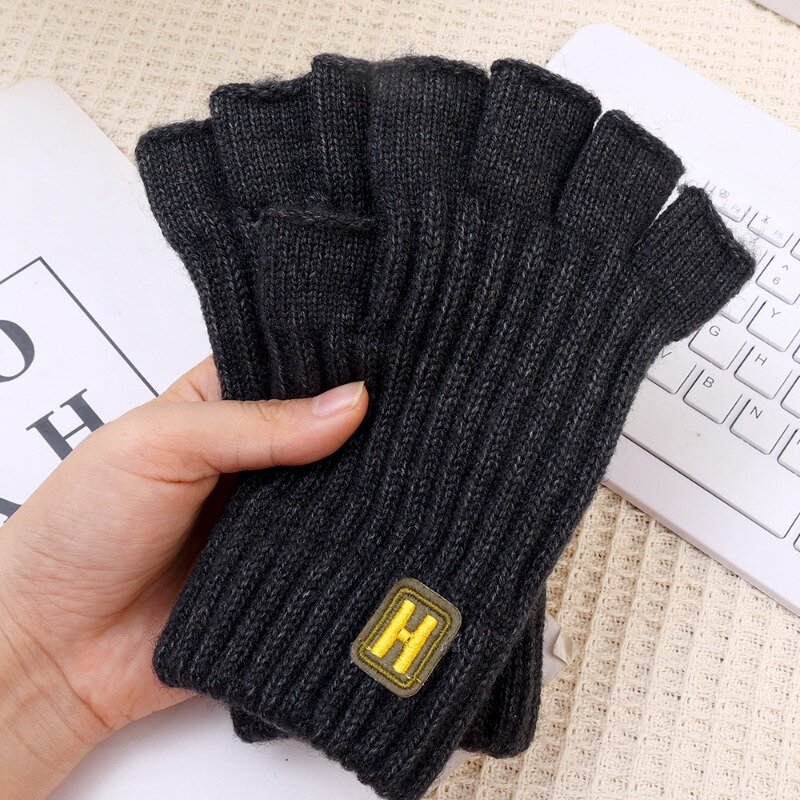 Zimowe rękawiczki na pół palca Unisex z dzianiny elastyczne ciepłe nadgarstki kobiety mężczyźni rękawiczki bez palców jednolity kolor krótkie grube rękawiczki na zewnątrz