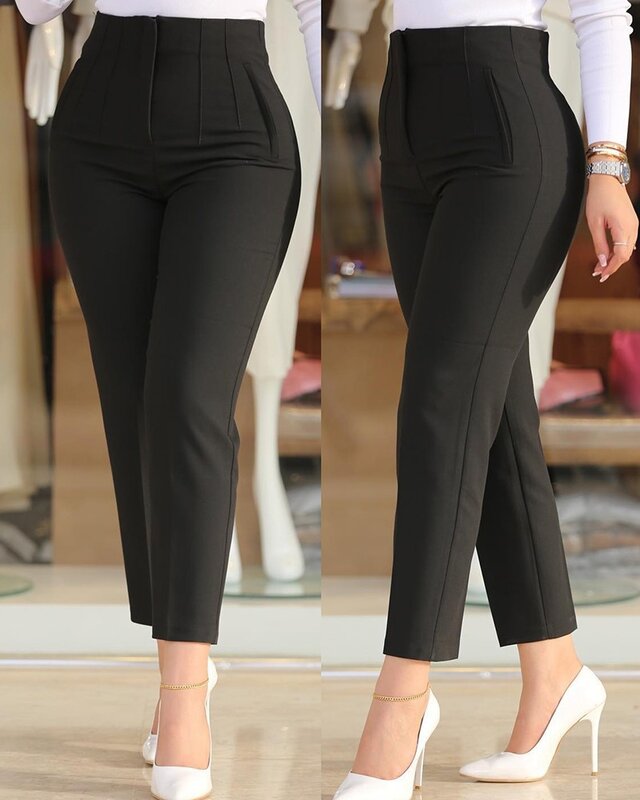 Pantaloni Slim per donna 2023 Business Office Lady pantaloni da lavoro eleganti tagliati a vita alta neri pantaloni solidi femminili All-Match novità