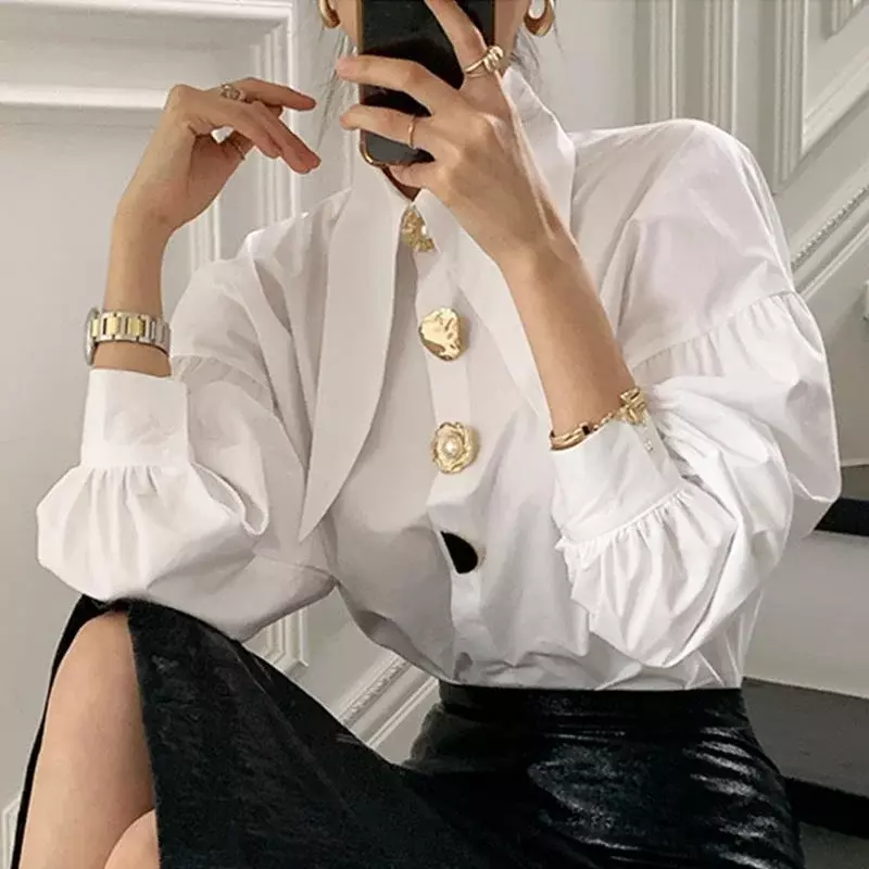 Camisa feminina manga lanterna de pescoço fino, top branco casual, nova moda, 2024