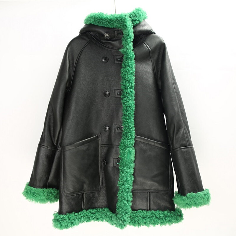 Bazar-jaqueta de pele de cordeiro shearling para mulheres, casaco com capuz verde e marrom, pele real, moda, 2023