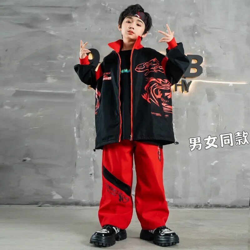 Kostum pertunjukan paduan suara anak-anak dalam gaya Tiongkok, kostum tari jalanan anak-anak dalam mode hip-hop, mewah dan tebal