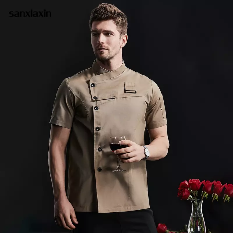เสื้อแจ็กเก็ตในห้องครัวเสื้อเชฟแขนสั้นสำหรับพนักงานร้านอาหารชุดสำหรับทำอาหารเบเกอรี่ซูชิ