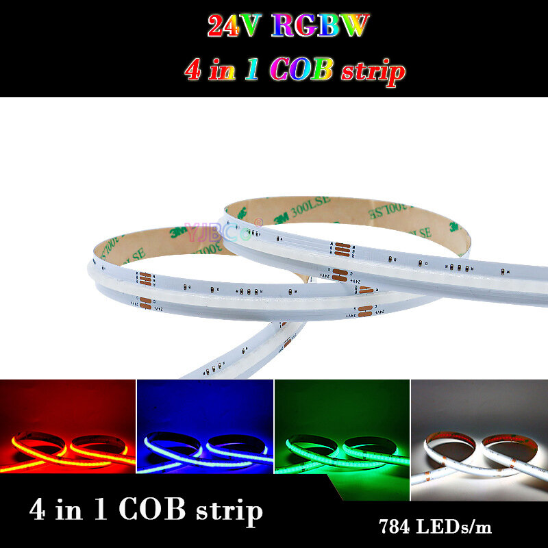 24V 5M RGBW 4 in 1 cob แถบไฟ LED 784LEDs /m fcob บรรยากาศไฟสีสันสดใสความสว่างสูงมีความยืดหยุ่นเทปไฟ12mm สีขาว