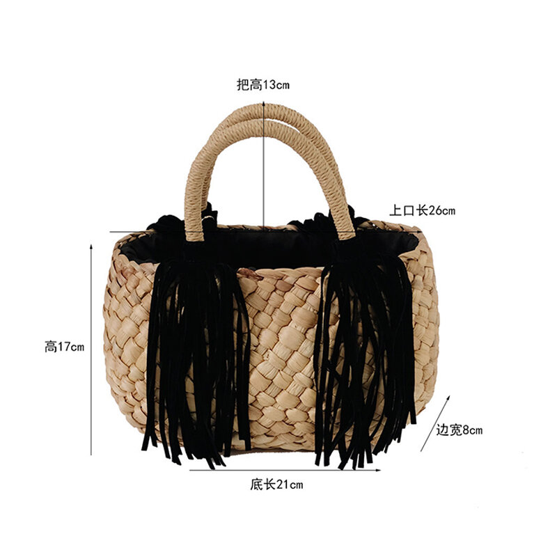 Summer New Handwoven Handheld Women's Bag Simple Vine Woven Beach Bags Brown Corn Skin Tassel Straw Tote Bags