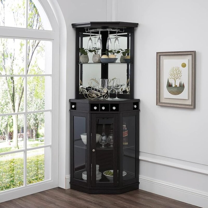 Armoire à vin avec deux étagères en verre, armoire à vin T1 intégrée, rangement pour salon, bureau à domicile, cuisine, petit espace
