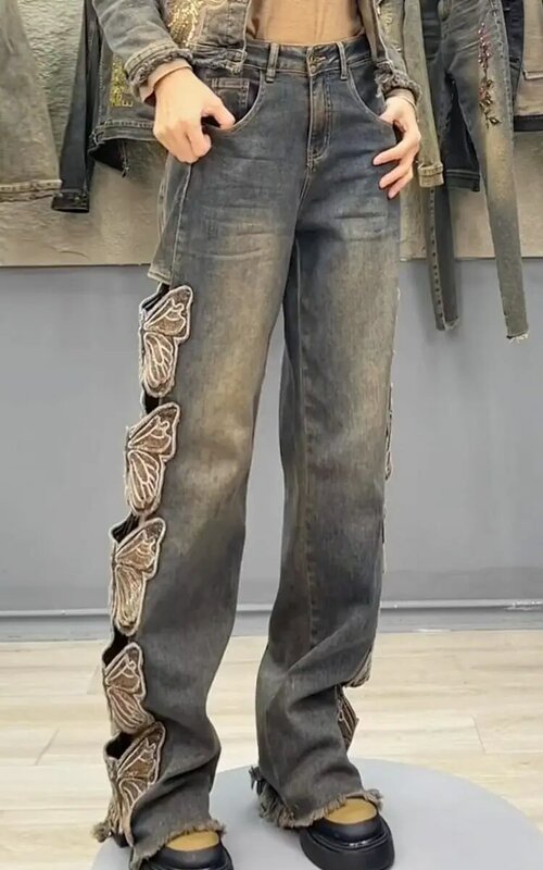 جينز جينز نسائي مطرز على شكل فراشة ، بنطلون بساق واسعة ، بنطلون مستقيم ، مفرغ ، ملابس الشارع في النارجاو ، خصر مرتفع ، جديد ، Y2K