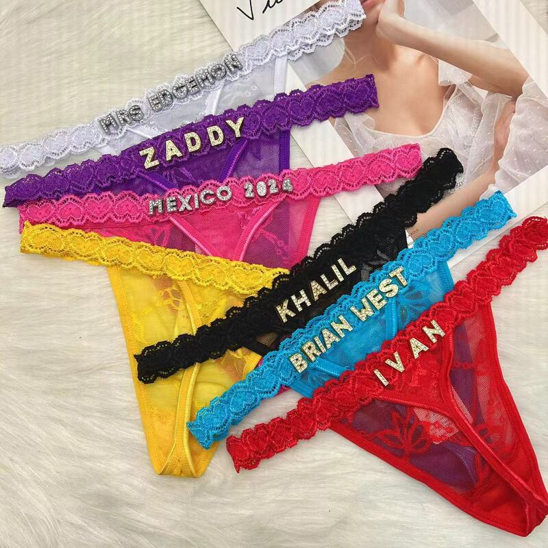 2pc/set Custom Thong with Name Customized Name Panties Women Butterfly G-String With Rhinestone Letters Tanga Lingerie Bikini
