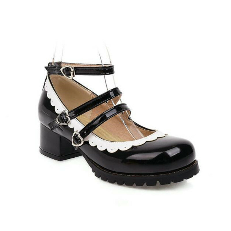 Zapatos de tacón grueso para mujer, calzado de estilo británico Retro, Mary Jane, Lolita, Princesa, punta redonda, negro, JK, uniforme, Shoe30-46