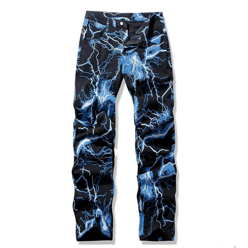 Techwear-Men's Lightning Impresso Tie Dye Preto Jean Calças, Calças Jeans, Streetwear, Nova Moda, Y2K