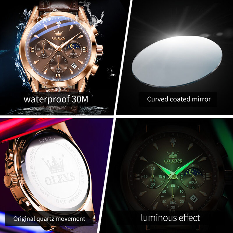 OLEVS Brand New Fashion Chronograph Quartz Watch Men Leather Strap Waterproof Luminous Calendar Mens Watches Relogio Masculino