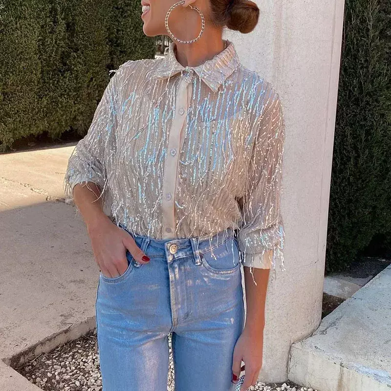 Elegant Glitter Sequin Shiny Tassel Blouse Women New Spring Single Breasted Lapel Shirt Autumn Long Sleeve Office Lady Top Mujer