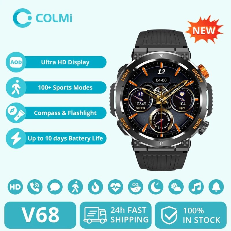 COLMI-Montre connectée V68 pour les hommes, écran HD 2024, 1.46 modes sportifs, boussole, lampe de poche, qualité militaire, résistance, 100