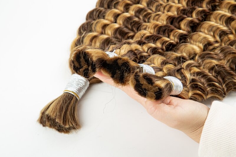 26 28 Inches Highlight Ombre Deep Wave Bulk Human Hair For Braiding No Weft 100% Virgin Hair Curly Extensions For Boho Braids