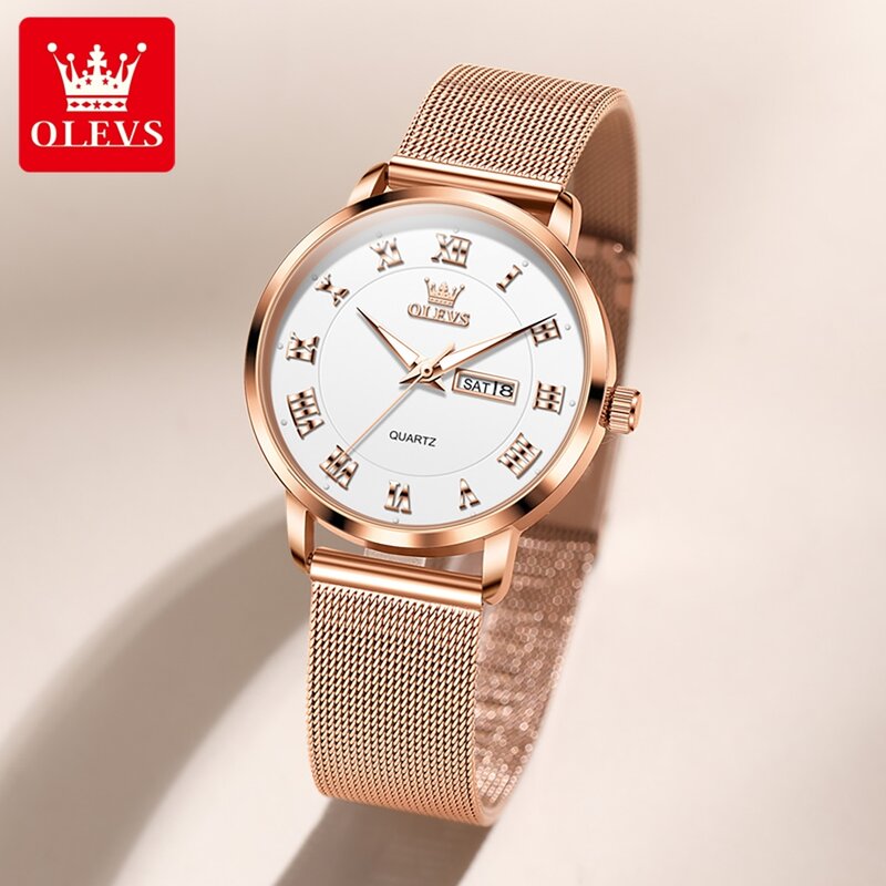 นาฬิกาผู้หญิงมีแบรนด์ของแท้ของ OLEVS นาฬิกาควอทซ์แถบเหล็ก Milan ของขวัญที่เรียบง่ายสร้อยข้อมือความงามประณีตสำหรับสุภาพสตรี