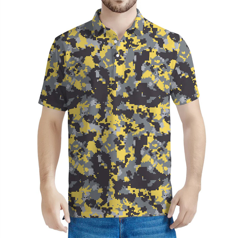 남성용 하와이안 카모 플라워 패턴 폴로 셔츠, 3D 프린트 위장 티, 야외 스포츠 단추, 라펠 반팔
