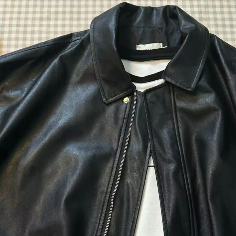 American Retro Black Leather Coat Women New Spring Autumn High Fashion Lapel Motorcycle Women Tops Leather Jacket Coat