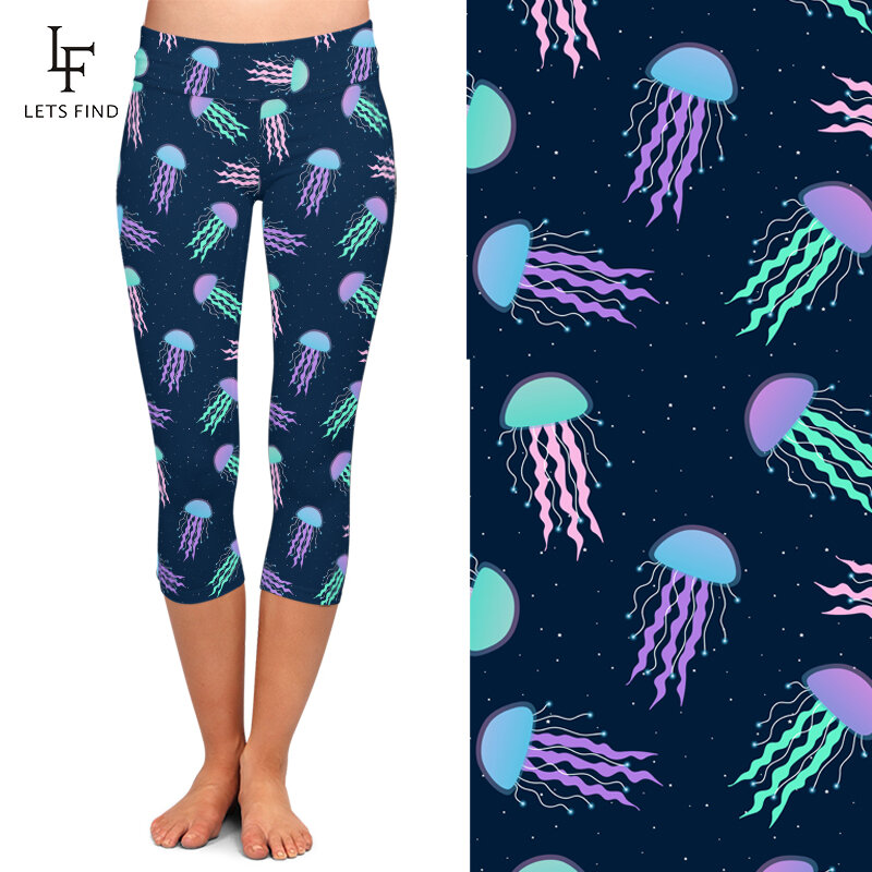 LETSFIND-Leggings Capris de cintura alta para mujer, pantalones casuales elásticos con estampado 3D de medusas, gran oferta