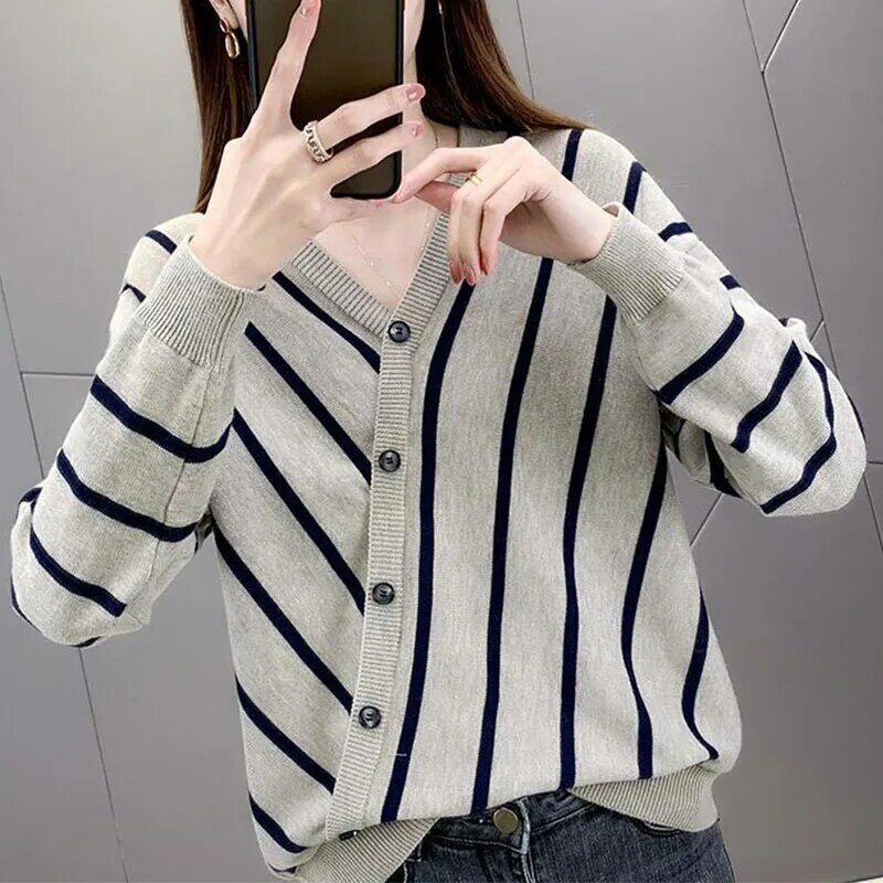 Autumn Winter Casual Striped Sweaters Women Long Sleeve V-Neck Loose Knitted Pullovers All-match Button Fashion Female Tops 2022