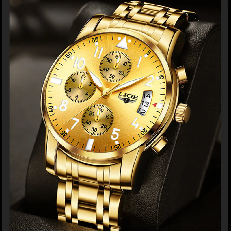 Часы наручные LIGE Мужские кварцевые, роскошные брендовые водонепроницаемые спортивные с большим циферблатом, с хронографом