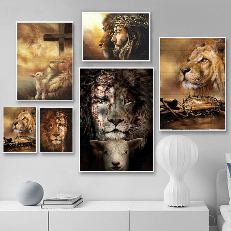 Vintage The Lord Jesus chrześcijański wydruki plakatów, chryst lew Judah wojownika baranku boży sztuka ścienna, wystrój domu obraz na płótnie