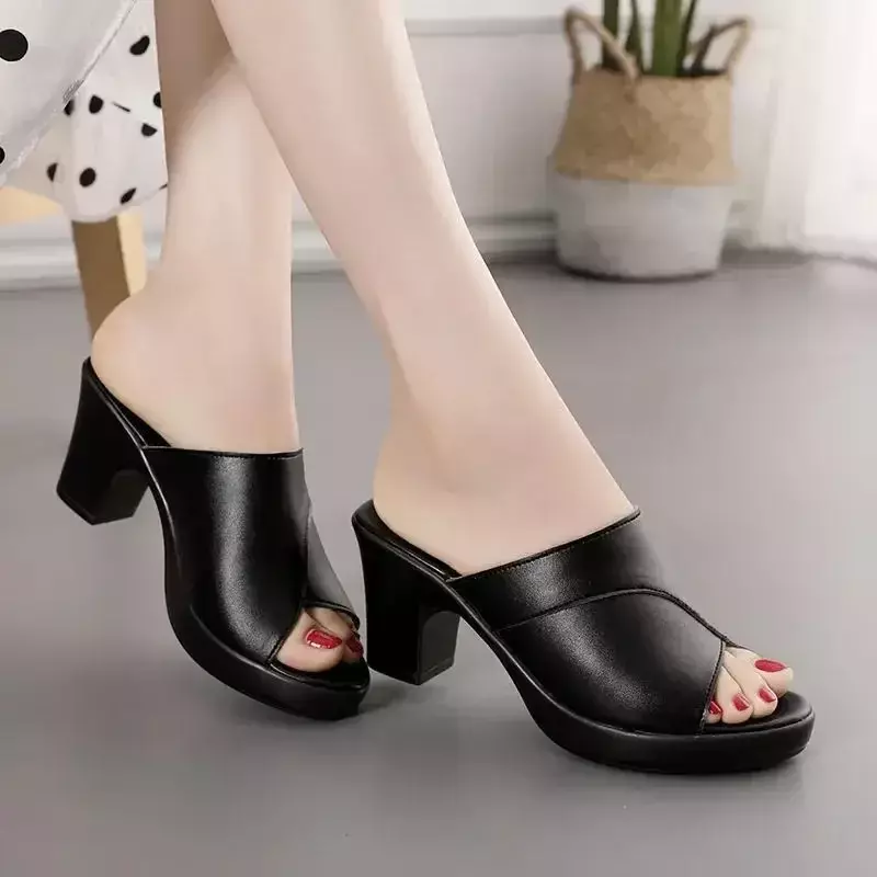 Women Summer New High-heeled Waterproof Platform Sandals Female Thick-heeled Slippers Bright Leather Solid Color Casual Shoes
