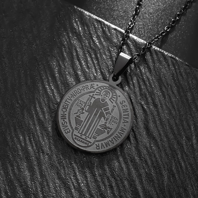 Vintage Saint Benedict Medal Pendant Stainless Steel Cross Jesus Disc Necklace Men Women Religious Amulets Jewelry Gifts