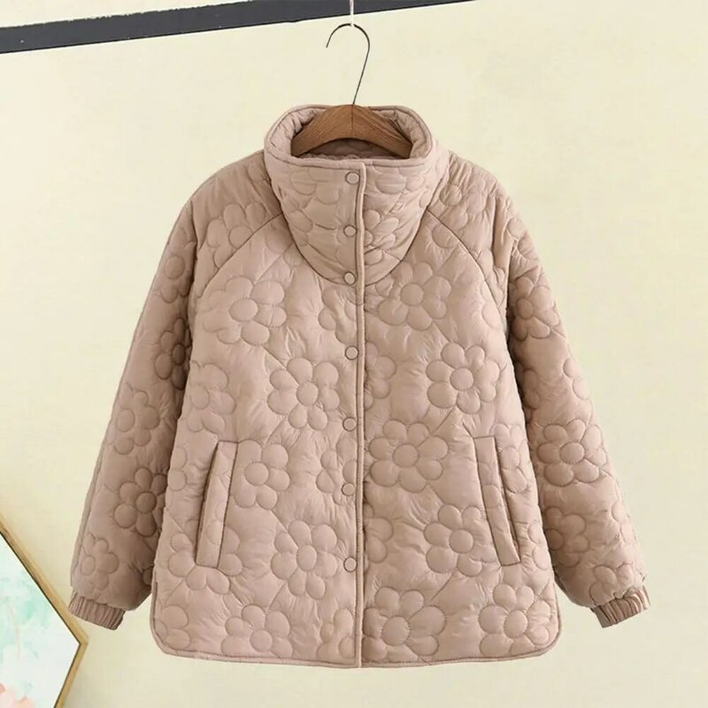 Women Winter Coat Windproof Cotton Winter Jacket with Stand Collar Flower Pattern Warm Thicken Overcoat for Women for Indoor